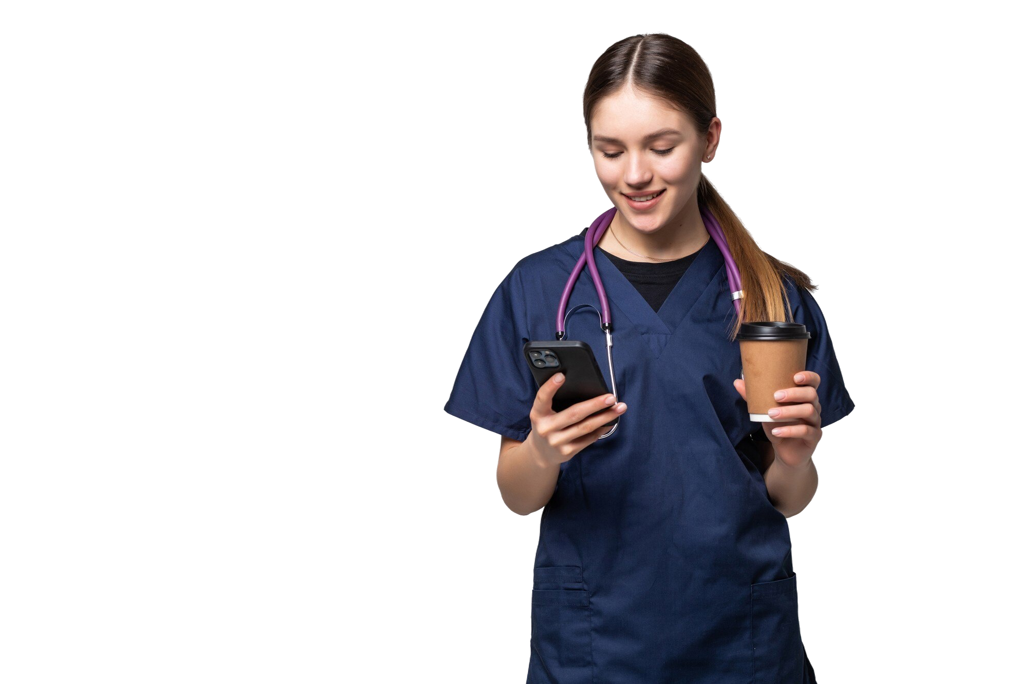 female-doctor-sitting-with-mobile-phone-drinking-coffee-isolated-white